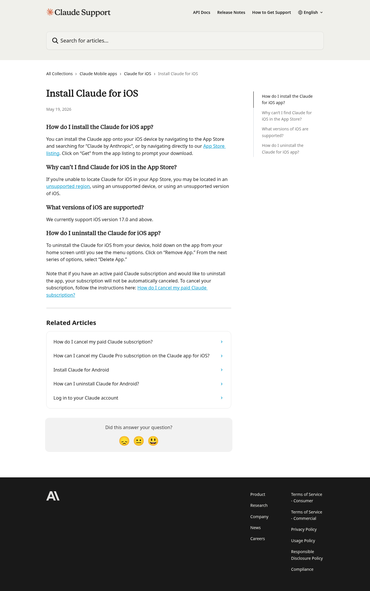 Anthropic 官方 iOS 安装说明,包含 iOS 17+、App Store 和 unsupported region 信息